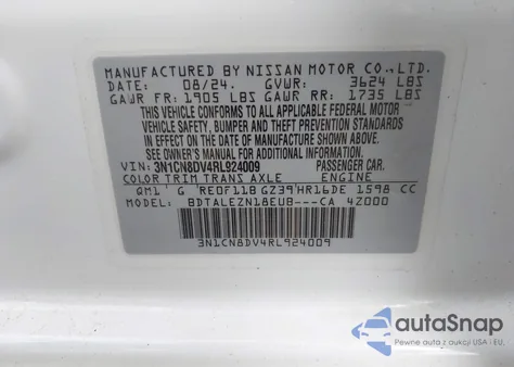 2024 Nissan Versa 1.6 S z USA, uszkodzony, nr VIN 3N1CN8DV4RL924009